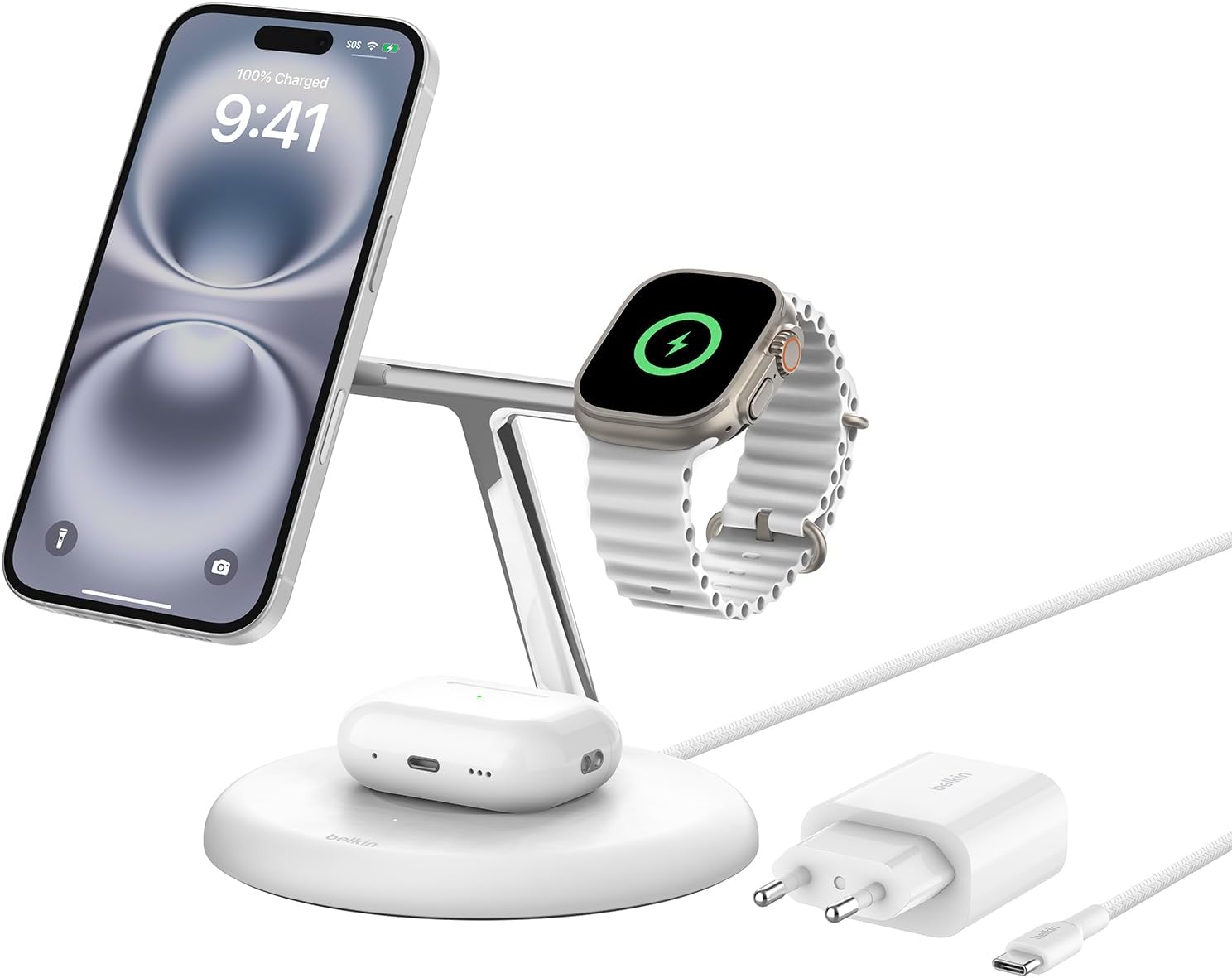 3'ü 1 Arada Manyetik MagSafe Uyumlu Qi2 15W Kablosuz Şarj Standı, 16, 15, 14 ve 13 Serisi, AirPods, vb. için Hızlı Şarj Özellikli Şarj Cihazı (PSU dahil) - Beyaz