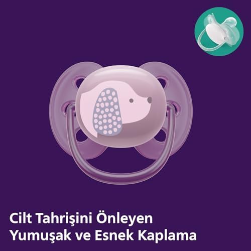 Avent Ultra Soft Emzik, Kız Bebekler için 6‑18 Ay, 2’li Paket, Ortodontik Silikon, FlexiFit Kalkanlı, Ultra Yumuşak, BPA İçermez, Taşıma Kutulu, SCF091/18