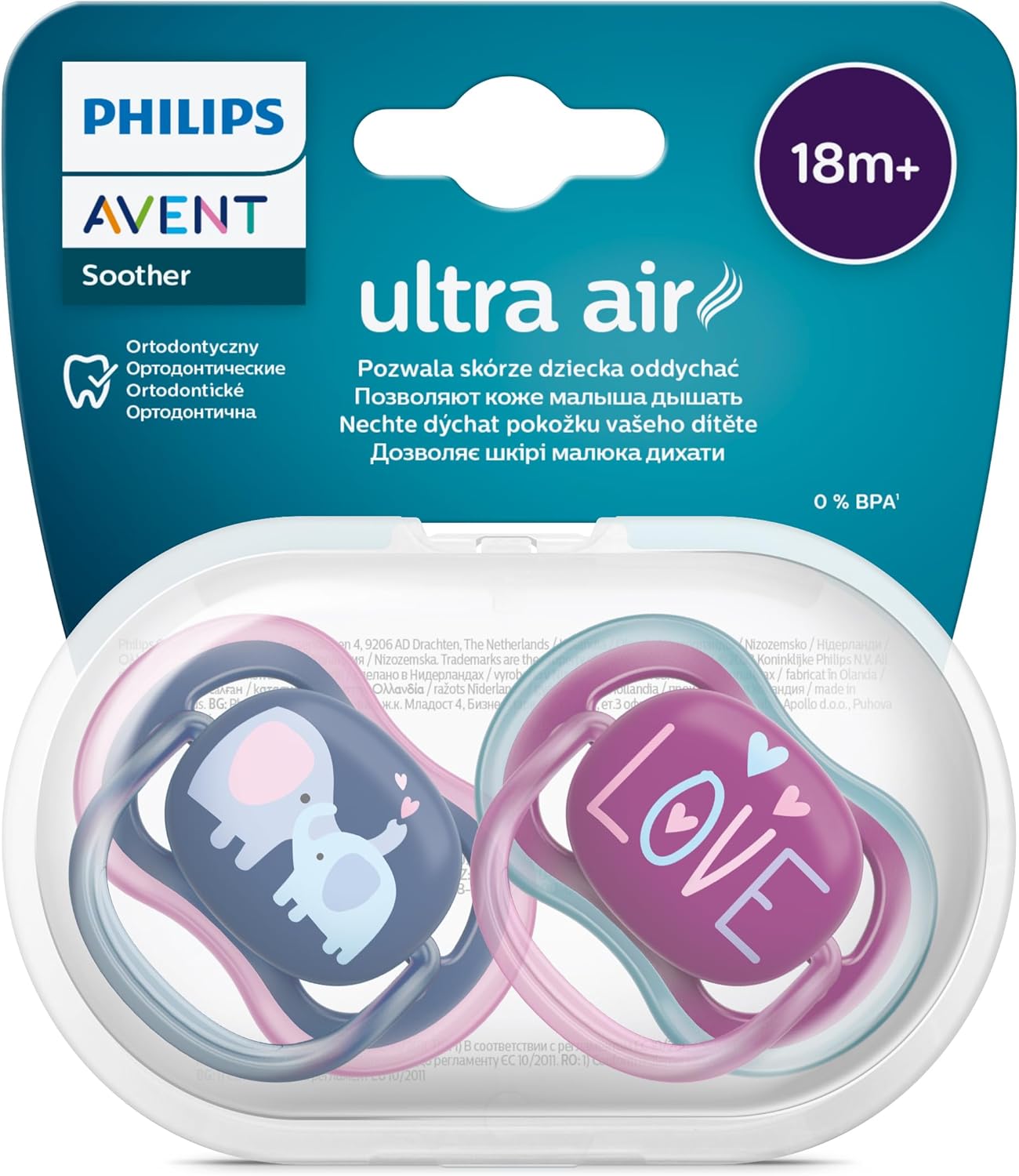 Avent Ultra Air Emzik, 18 Ay+, Kız Bebekler için, 2’li Paket, Ortodontik Silikon, Geniş Hava Delikli, Mikrodalga Sterilize Edilebilir, BPA İçermez, Taşıma Kutulu, SCF349/22