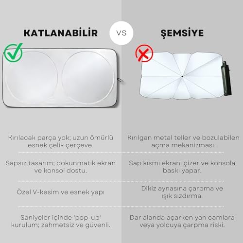 Alternative view of Araba Ön Cam Güneşlik Kolay Katlanabilir ve Yer Kaplamaz (150cm x 70cm) - UV Koruma ve Isı Azaltma Otomobil Güneşlikleri - Dayanıklı ve Hafif Ön Cam Gölgelik - Standart Boyutlara Uygun
