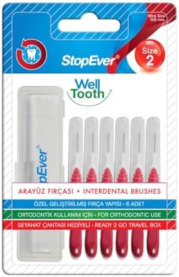 StopEver Well Tooth Arayüz Fırçası, Kırmızı - Size 2 | 0.5 mm İnce Telli Diş Arası Fırçası, Taşıma Kutusu Hediyeli | Ortodontik Kullanıma Uygun | 6 Adet