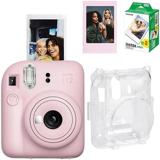 Mini 12 Fotoğraf Makinesi-20li Film-Şeffaf Pleksi Kılıf ve Fotoğraf Çerçevesi Seti 1 Pembe