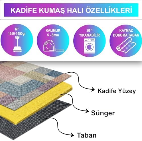 Dizayn Anika Desenli Kadife Pamuk Tabanlı Yıkanabilen Kaydırmaz Antibakteriyel Salon Halısı 80X150