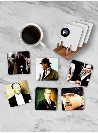 (pster21275) Atatürk Standlı Ahşap Bardak Altlığı Seti, 6 Adet Baskılı Bardak Fincan Kahve Altlığı