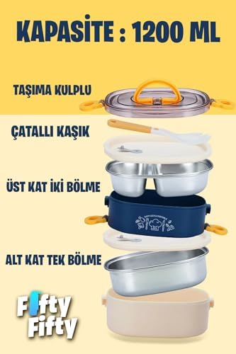 1200 ML İki Kat Üç Bölme Paslanmaz Çelik Bento Lunch Box Yeni Nesil Sefer Tası-ÇatallıKaşık-FFLBOX50251