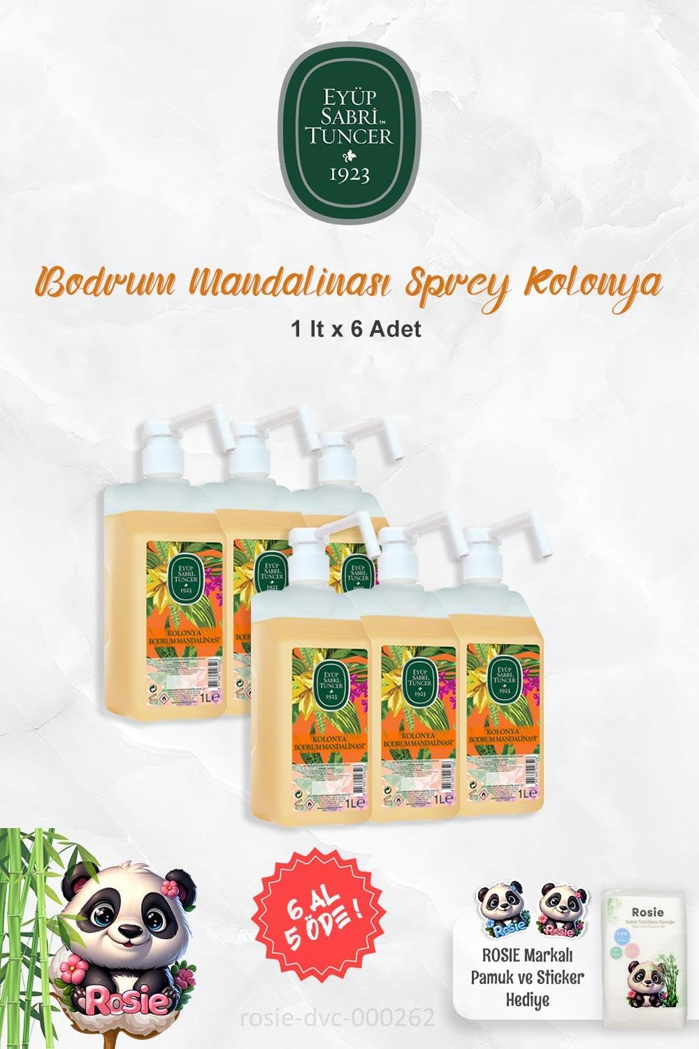 6 AL 5 ÖDE 1 lt Sprey Başlıklı Kolonya Bodrum Mandalinası ve ROSIE