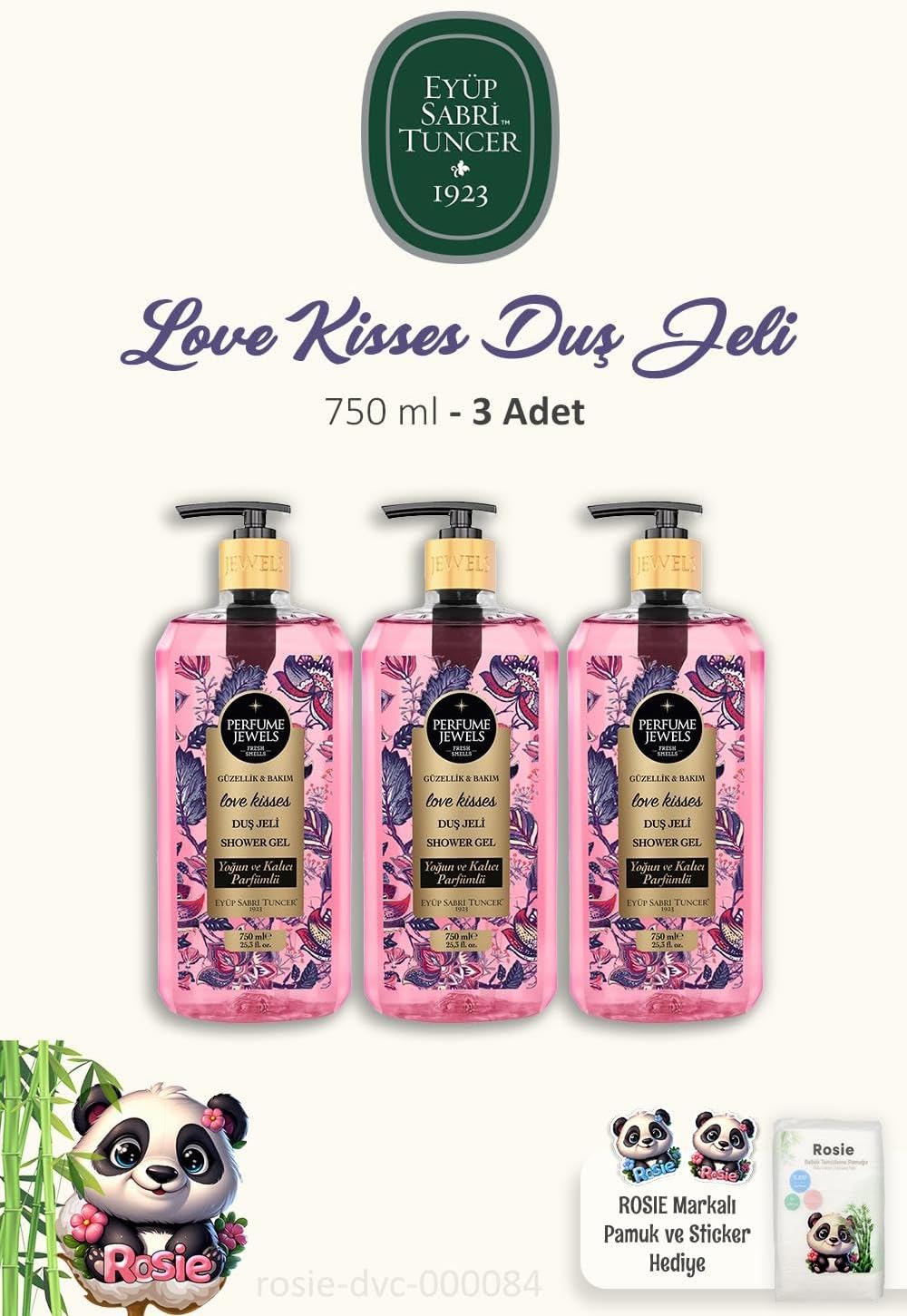 Alternative view of 3 Adet Kisses Duş Jeli 750 ml ve%100 Doğal Pamuk ROSIE