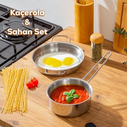Paslanmaz Çelik Kaçerola ve Sahan Seti - Yumurta Sahan ve Sos Tavası 14-18 cm
