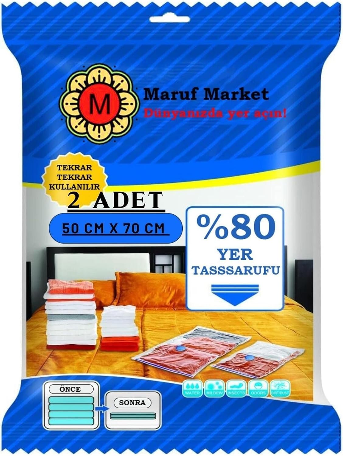 Yüksek Kaliteli Vakumlu Poşet (S)(2 ADET) 50 cm x 70 cm - Çevirmeli & Mavi Kapak - Vakumlu Hurç