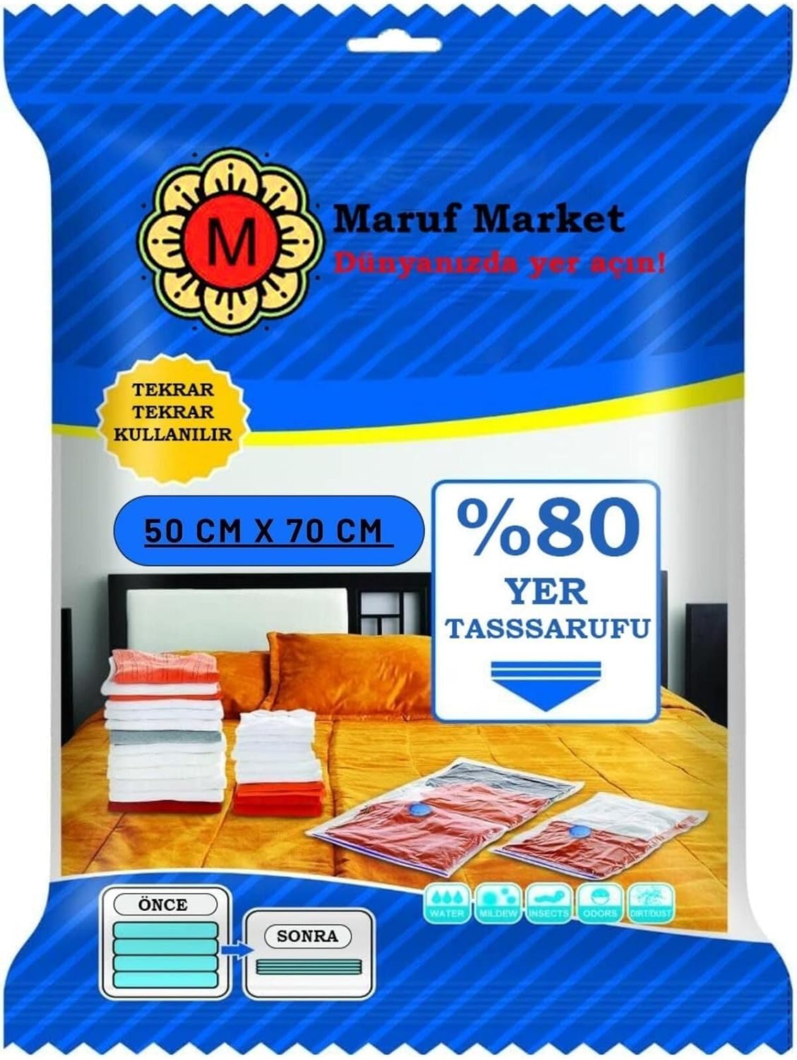 Yüksek Kaliteli Vakumlu Poşet (S) 50 cm x 70 cm - Çevirmeli & Mavi Kapak - Vakumlu Hurç