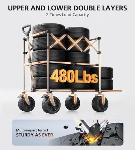 Katlanabilir Arabası, Everyfun 217 kg Çift Katlı, Büyük Tekerlekli Plaj Arabaları ve Yan Cepler ve Çöp Torbası, Alışveriş, Bahçe, Kamp, Balık, Yeni Dalga Spor Vagonu için Büyük Kapasiteli