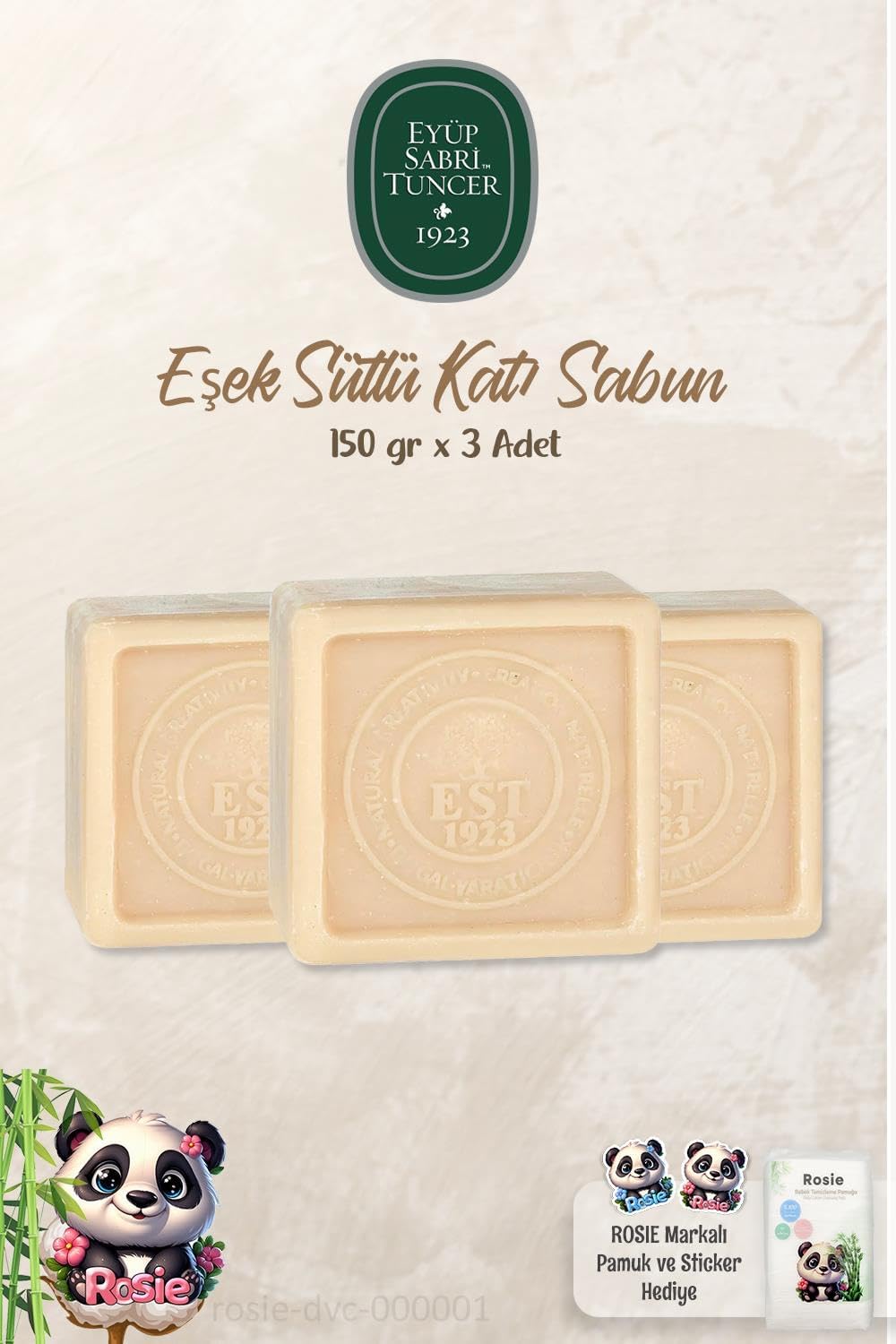 3 Adet Eşek Sütlü Katı Sabun 150 gr ve%100 Doğal ROSIE Pamuk