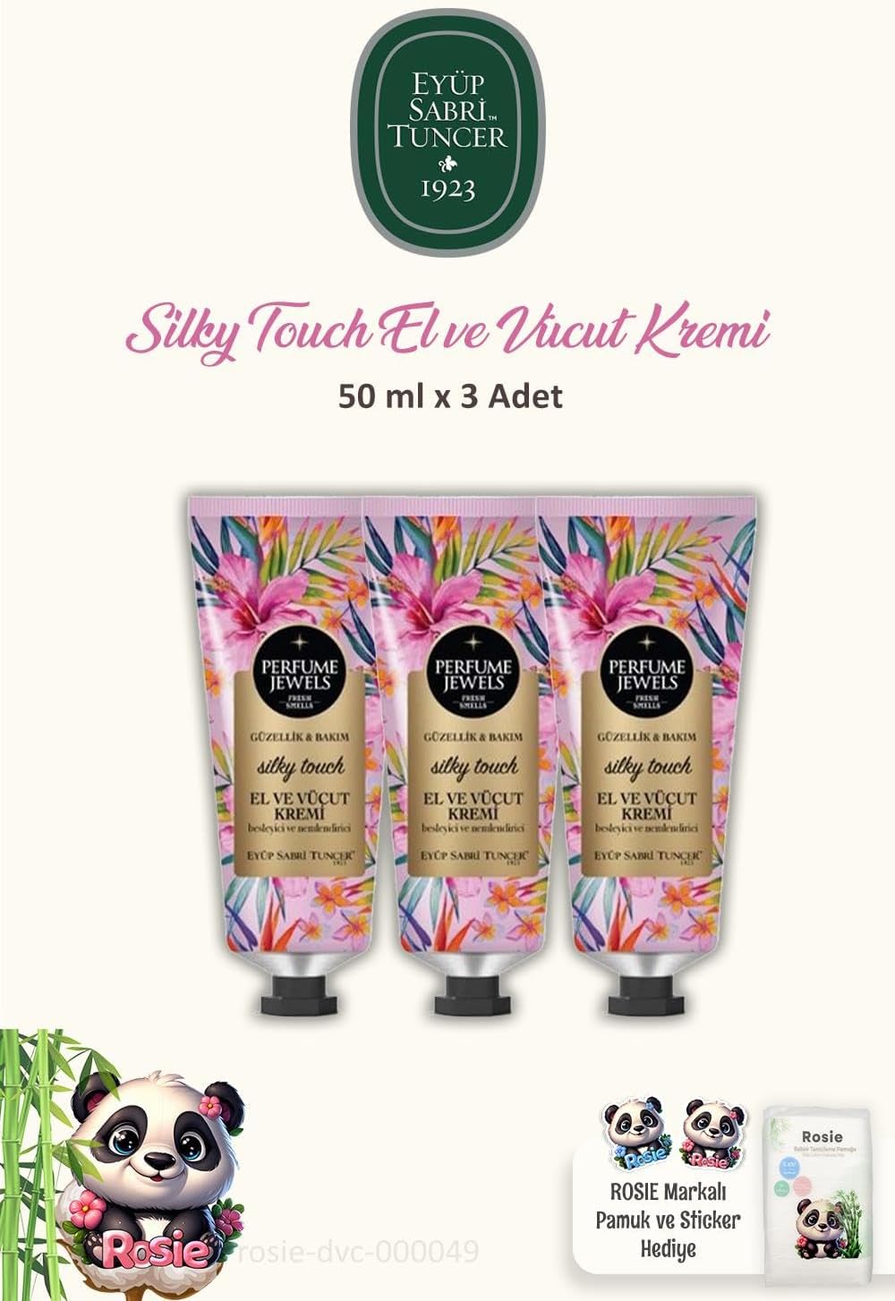 3 'lü Pj El Ve Vücut Kremi Silky Tüp 50 Ml ve%100 Pamuk ROSIE