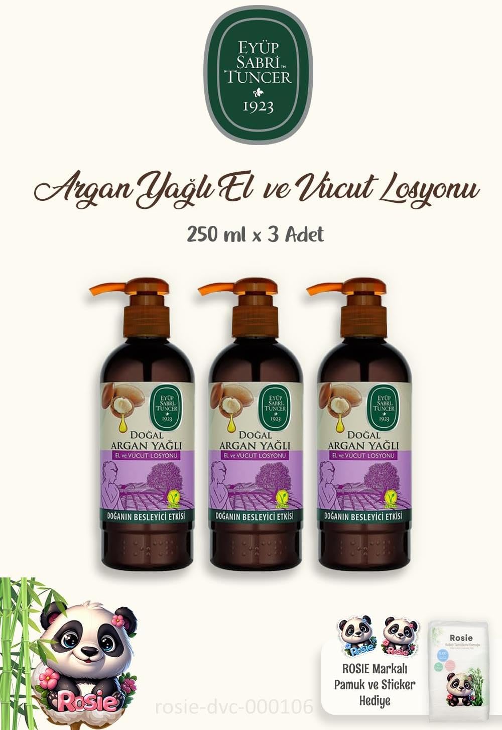 Alternative view of 3 Adet Vücut Losyonu Argan 250 ml ve 60'lı%100 Pamuk ROSIE
