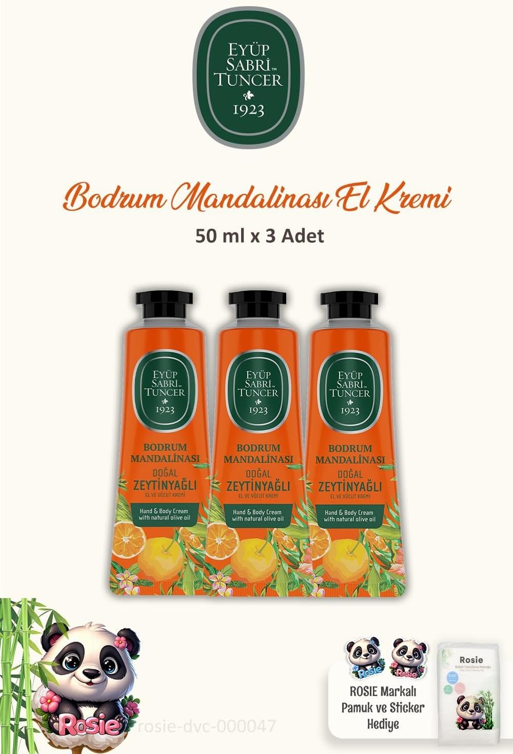 3'lü El ve Vücut Kremi Bodrum Mandalinası 50 ml ve ROSIE Pamuk