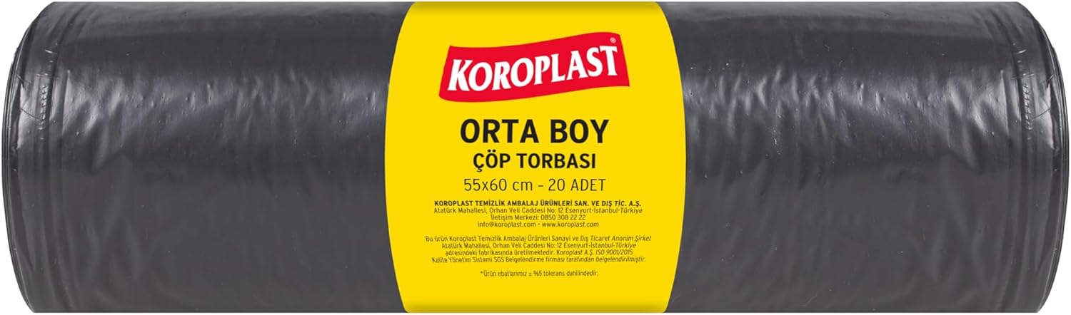 Orta Boy Çöp Torbası 20 Adet 55x60 cm, Sızdırmaz & Yırtılmaz, Çift Katlı, Geri Dönüştürülebilir Çöp Poşeti, Fabrika, Market, Restoran, Bahçe, Otel, Ofis