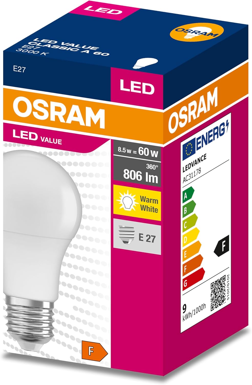 LED VALUE CL A 60 8,5W/827 E27 FR TR