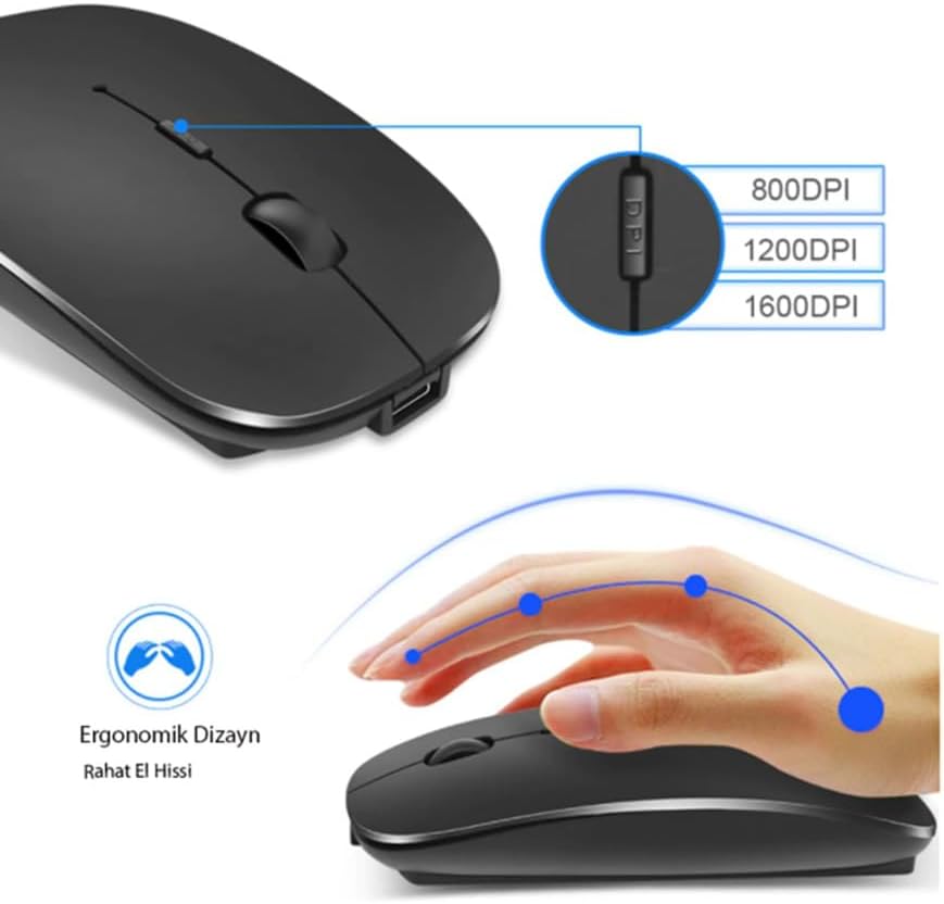 Alternative view of Bluetooth & Şarjlı Sessiz Tuşlu Kablosuz Mouse Ergonomik Siyah Şarj Edilebilir Mouse
