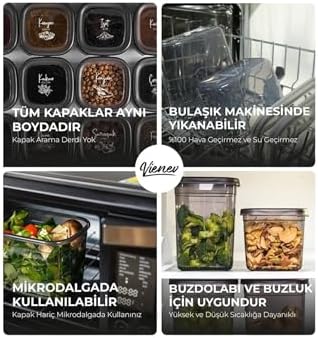 Vienev Beyaz Serigrafi Etiketli Kare Erzak Saklama Kabı 12'Li Set 4X(0,55 Litre, 1,2 Litre, 1,75 Litre)
