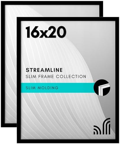 16x20 Siyah Resim Çerçevesi - 2'li Set - Parlak Pleksiglaslı İnce Kenarlıklı Fotoğraf Çerçevesi - Yatay veya Dikey Görüntü Formatı için Asma Donanımlı Duvar Resim Çerçevesi