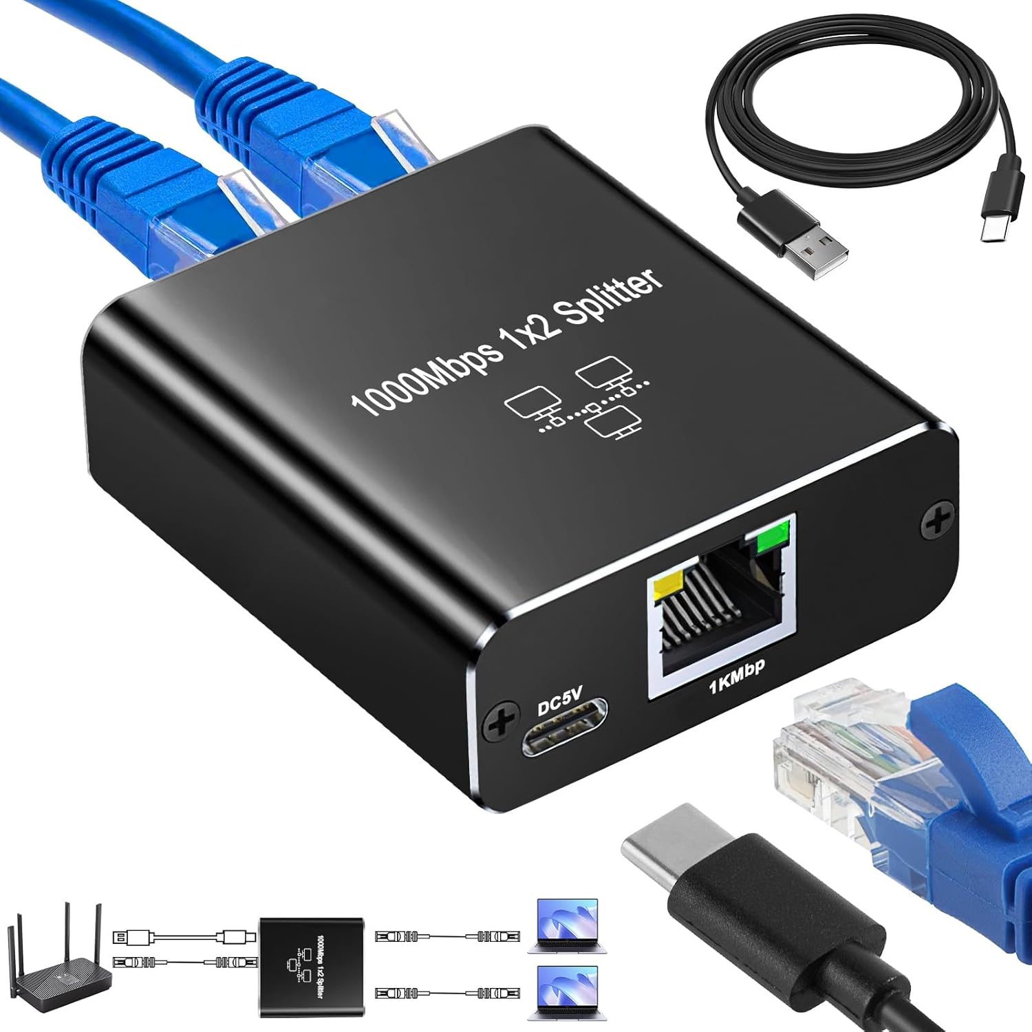 Ethernet Splitter 1 ila 2, Gigabit Ağ Bölücü, LAN İnternet Bölücü, Bilgisayar, Anahtar, Yönlendirici, ADSL, Set Üstü Kutu, Dijital TV (Aynı anda çalışıyor için LAI Splitter)