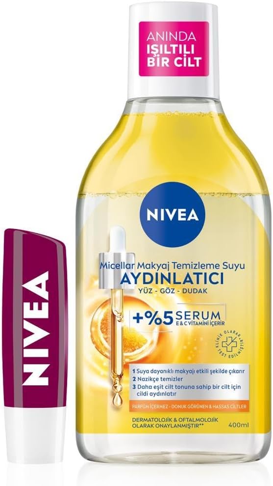 Aydınlatıcı Micellar Makyaj Temizleme Suyu 400ml ve Nemlendirici Böğürtlen Dudak Bakım Kremi 4,8gr,Cilt Bakım Seti