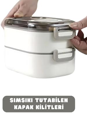 Bento 1000ml Lunchbox Çift Katlı 3 Bölmeli Çelik Sefer Tası Yemek Kutusu (Pembe)