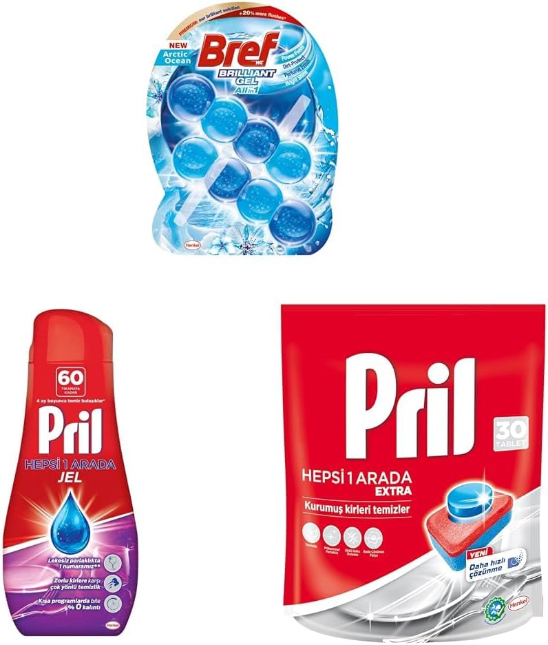 WC Brilliant Jel Buzul Okyanus Kokulu + Pril Hepsi 1 Arada Jel Standart + Pril Hepsi Bir Arada Tablet Bulaşık Deterjanı 30 Yıkama (1 x 30 tablet)