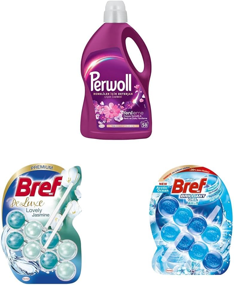 Yenileme Çiçek Cazibesi Renkliler + Bref WC Deluxe Yasemin Premium + Bref WC Brilliant Jel Buzul Okyanus Kokulu