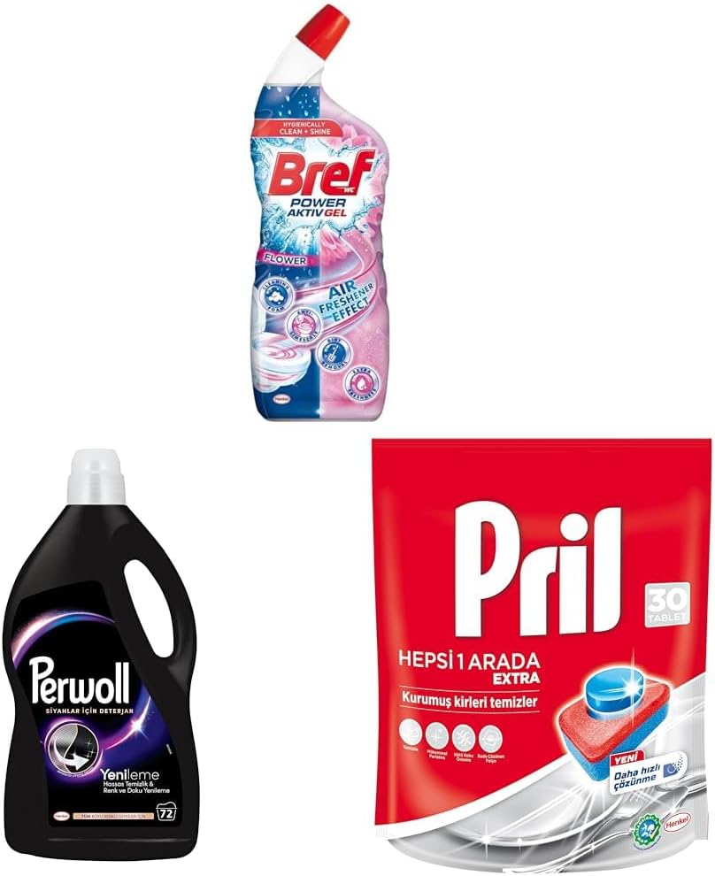 WC Power Aktiv Jel Çiçek Kokulu) +  Siyahlar için Hassas Sıvı Çamaşır Deterjanı 4 L 1 Paket (1 x 4000 ml) + Pril Hepsi Bir Arada Tablet