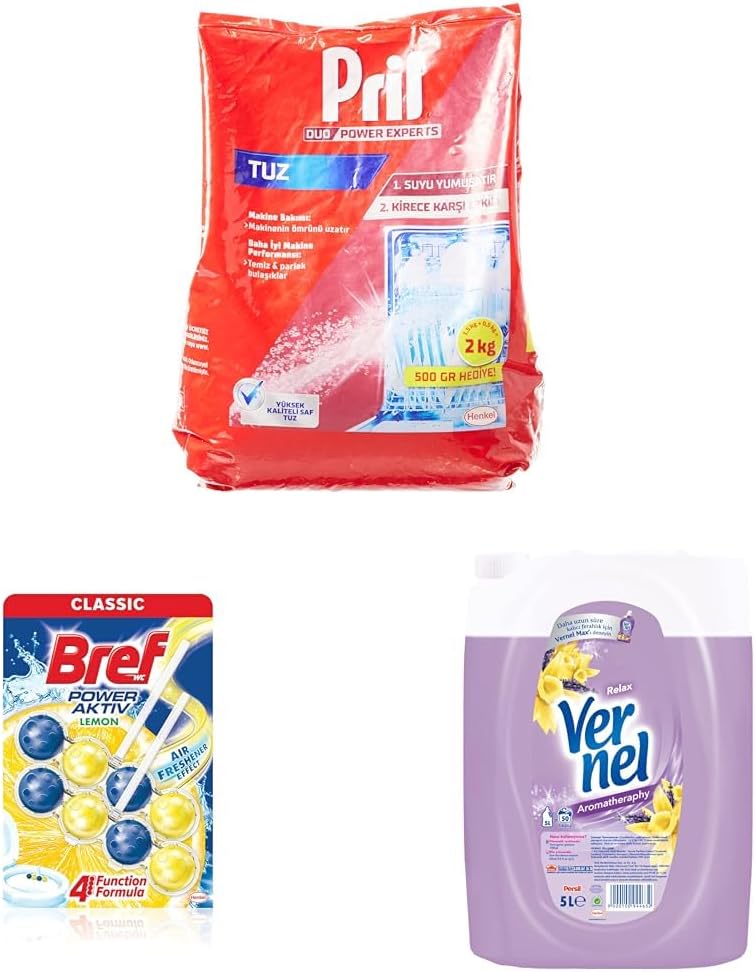 Pril Duo Power Experts Kirece Karşı Etkili Bulaşık Makinesi Tuzu + Bref WC Power Aktiv Limon Duo Pack 2'li + Vernel Aroma Therapy 50 Yıkama