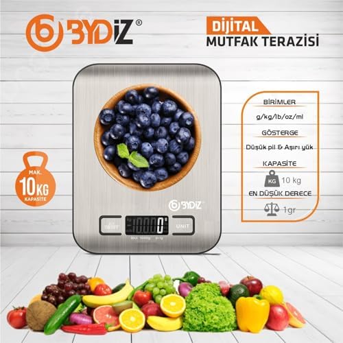 Dijital Mutfak Terazisi - Hassas Mutfak Tartısı, 10 Kg Kapasite, Paslanmaz Çelik Yüzey, Dara İşlevi, LED Ekran, 5 Birim Dönüştürme ve Otomatik Kapanma Özellikli (Bydiz BY-005)