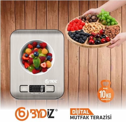 Alternative view of Dijital Mutfak Terazisi - Hassas Mutfak Tartısı, 10 Kg Kapasite, Paslanmaz Çelik Yüzey, Dara İşlevi, LED Ekran, 5 Birim Dönüştürme ve Otomatik Kapanma Özellikli (Bydiz BY-005)