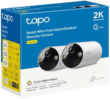 C410 2-pack, 2K 3MP, Renkli Gece Görüşü, Şarj Edilebilir, Solar Panel Destekli, IP65, Yerel/Bulut Depolama, 110° Açılı, Işıklı ve Sesli Alarm, Kablosuz Bataryalı Güvenlik Kamerası