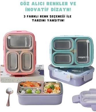 Bento 620ml Lunchbox Tek Katlı 3 Bölmeli Çelik Sefer Tası Yemek Kutusu (Turkuaz)