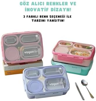 Alternative view of Bento 950ml Lunchbox Tek Katlı 4 Bölmeli Çelik Sefer Tası Yemek Kutusu (Mor)