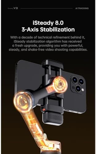 Hohem iSteady V3 Gimbal akıllı telefon için – 3 eksenli stabilizatör, manyetik AI izleyici, dolum ışığı, çıkarılabilir kontrolör, entegre uzatma çubuğu ve canlı yayın ve Vlog için tripod