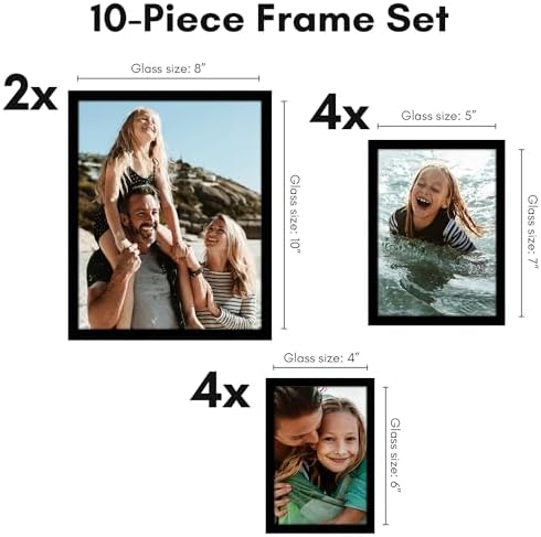 10'lu Paket Siyah Resim Çerçeveleri Kolaj Duvar Dekoru - Galeri Duvar Çerçevesi Seti İki 8x10, Dört 5x7 ve Dört 4x6 Çerçeve, Kırılmaya Dayanıklı Cam, Asma Donanımı ve Şövale Dahil
