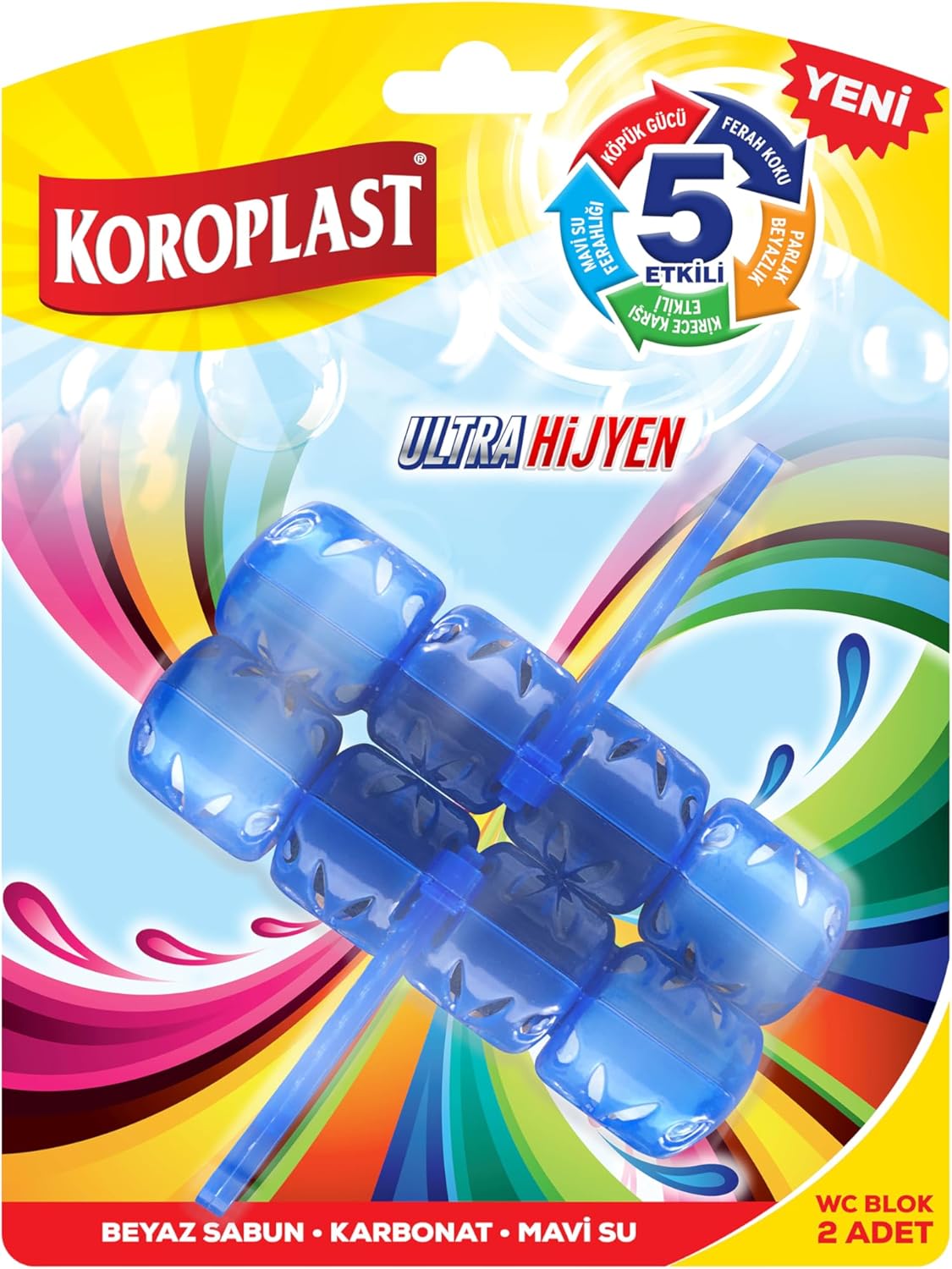 5 Etkili WC Blok 2'li Set, Beyaz Sabun Kokulu, Karbonat ve Mavi Su Özellikli Ferah, Parlak, Kireç Karşıtı, Köpüklü Tuvalet Bloğu, Hijyenik Klozet ve Tuvalet Hijyenik Temizliği, 2'li WC Blok
