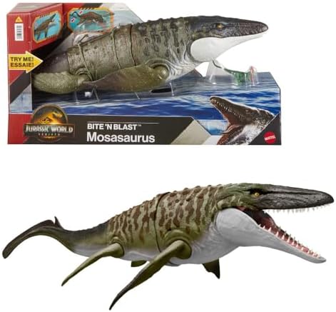 Alternative view of Mattel World Rebirth Mosasaurus aksiyon figürü ve mini Dilophosaurus, geniş çeneli dinozor oyuncağı, filmden uyarlanan tasarım, bükülebilir eklemler, dijital oyunlar, JCH00