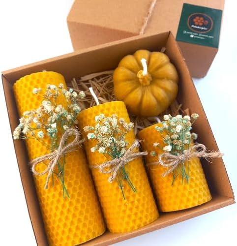Alternative view of Mum Dekoratif Hediye Kutusu 4 Lü Set Doğal Petek Beeswax Candle Bal Kabağı (Krem Yeşil Çiçekli)