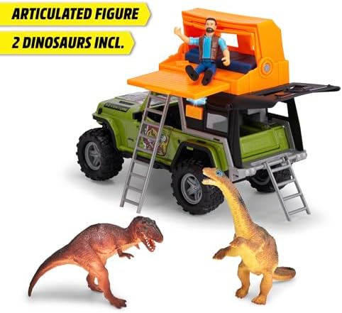 Dickie, 203834011, Dino Camper, Serbest Tekerlekli Jeep, Işıklı, Sesli, Açılır Kapılar, Yumuşak Lastikler, Merdivenli Kamp Tavanı, Figür, 2 Dinozor, 23 Cm