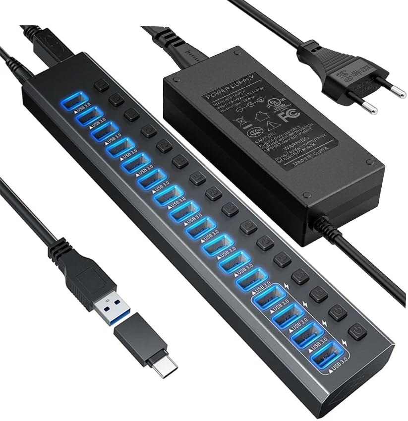 Profesyonel USB Hub 16 Portlu USB 3.0 Type-C 5Gbps Hızlı Şarj Bireysel Açma Kapama Anahtarları 12V DC 7.5A Güç Adaptörü Telefon Şarj Dizüstü Bilgisayar Mobil HDD Sürücü Port16