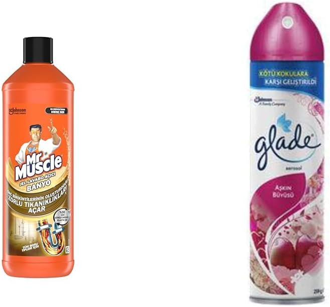 Mr Muscle Banyo Tüm Boru Tipleri için Jel Lavabo Açıcı 1000 mL, Glade Aerosol Aşkın Büyüsü Oda Kokusu 300 mL ve Mr Muscle Aqua Blue 2'li Klozet Bloğu