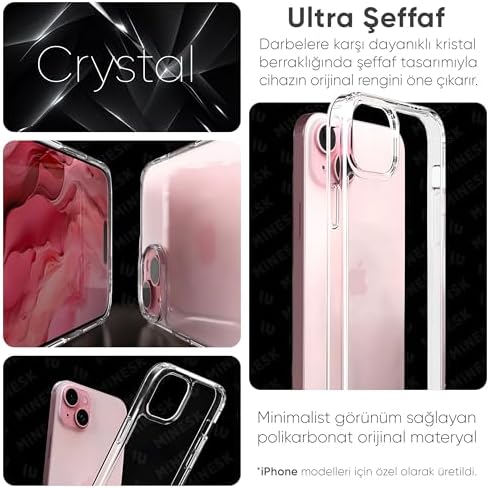 15 ile Uyumlu Crystal Clear (Ultra Şeffaf Silikon) Kılıf Arkası Sert Polikarbonat Kenarları Yumuşak TPU Darbe Emici iç Hava Yastığı Destekli Kapak (15)