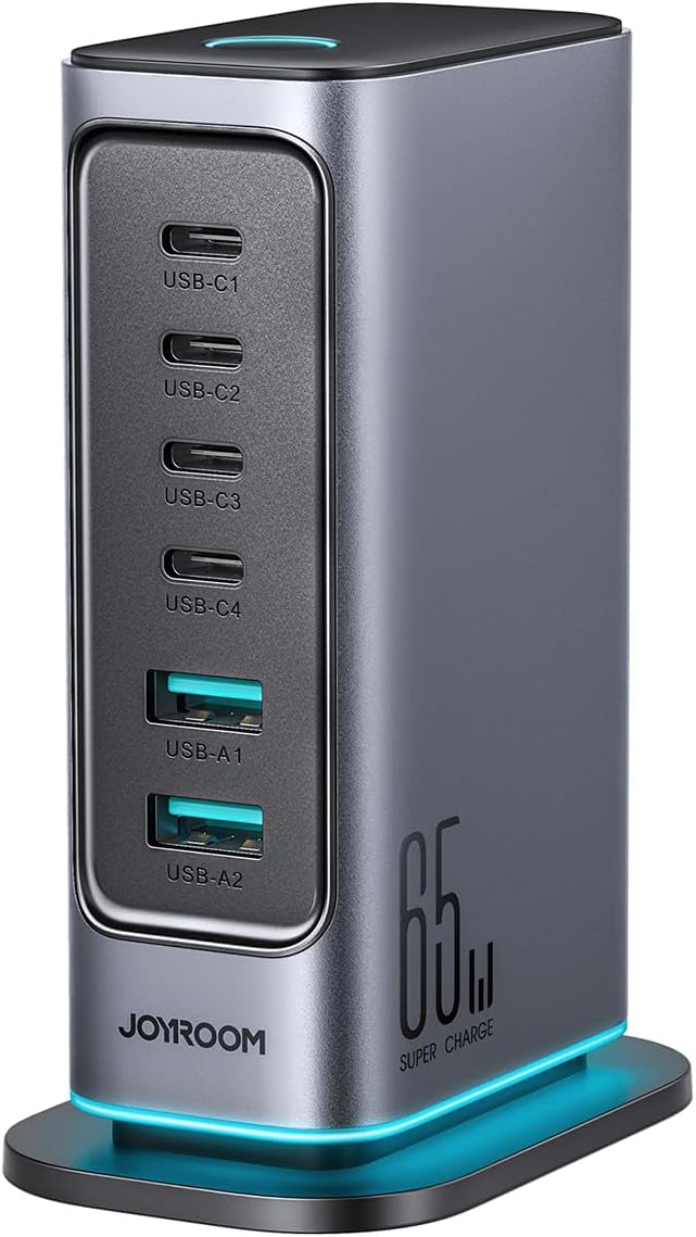 65W GaN Çok Portlu Şarj İstasyonu, 4 USB-A Portu, 2 USB-C Portu, 1,5 m Kablo