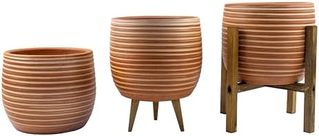 Alternative view of Ev Dekorasyon Yan Çizgi Desenli Toprak Saksı Saksılık Salon Çiçeklik Üçlü Set - 19 CM