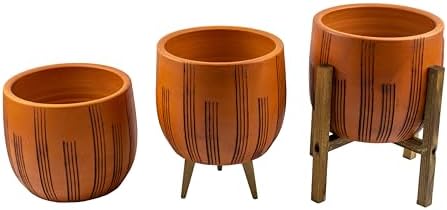 Ev Dekorasyon Aksesuar Dik Çizgi Desenli Toprak Saksı Saksılık Salon Çiçeklik Üçlü Set - 19 CM
