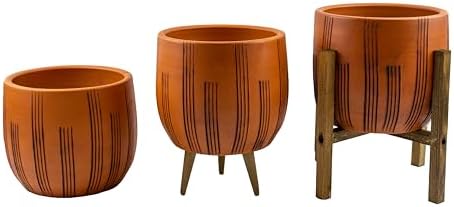 Alternative view of Ev Dekorasyon Aksesuar Dik Çizgi Desenli Toprak Saksı Saksılık Salon Çiçeklik Üçlü Set - 19 CM