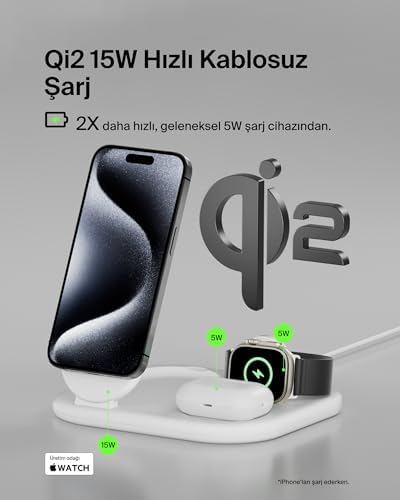 MagSafe Şarj Cihazı, BoostCharge 3'ü 1 Arada Manyetik Katlanabilir Şarj Aleti Qi2 15W - Kaymaz Tabanlı 16, 15,, AirPods için MagSafe Uyumlu Hızlı Şarj, PSU Dahil - Beyaz